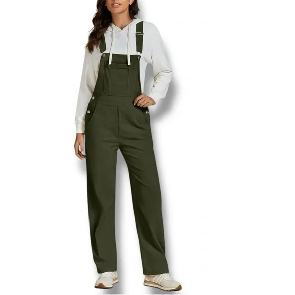 NWT Corduroy Baggy Bib Carpenter Stretch Overalls Straight Leg Green Women Large - Picture 4 of 4